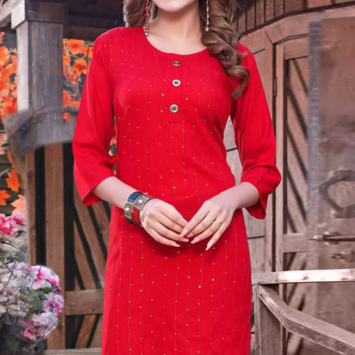 Red Sequins Embroidered Rayon Kurti
