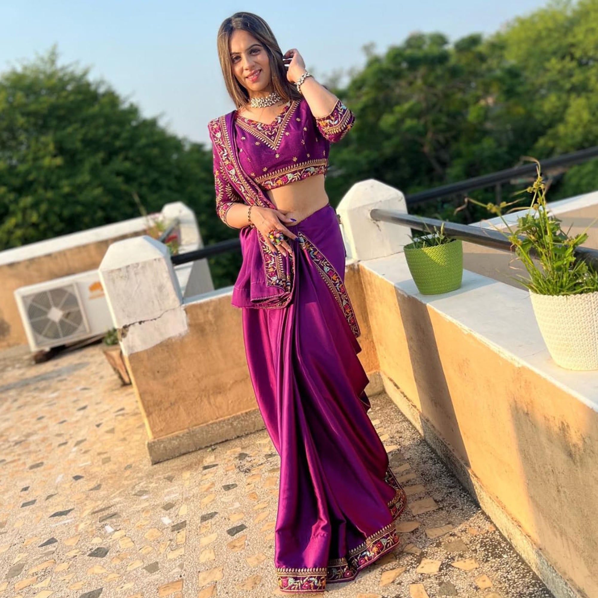 Purple Sequins Embroidered Art Silk Saree