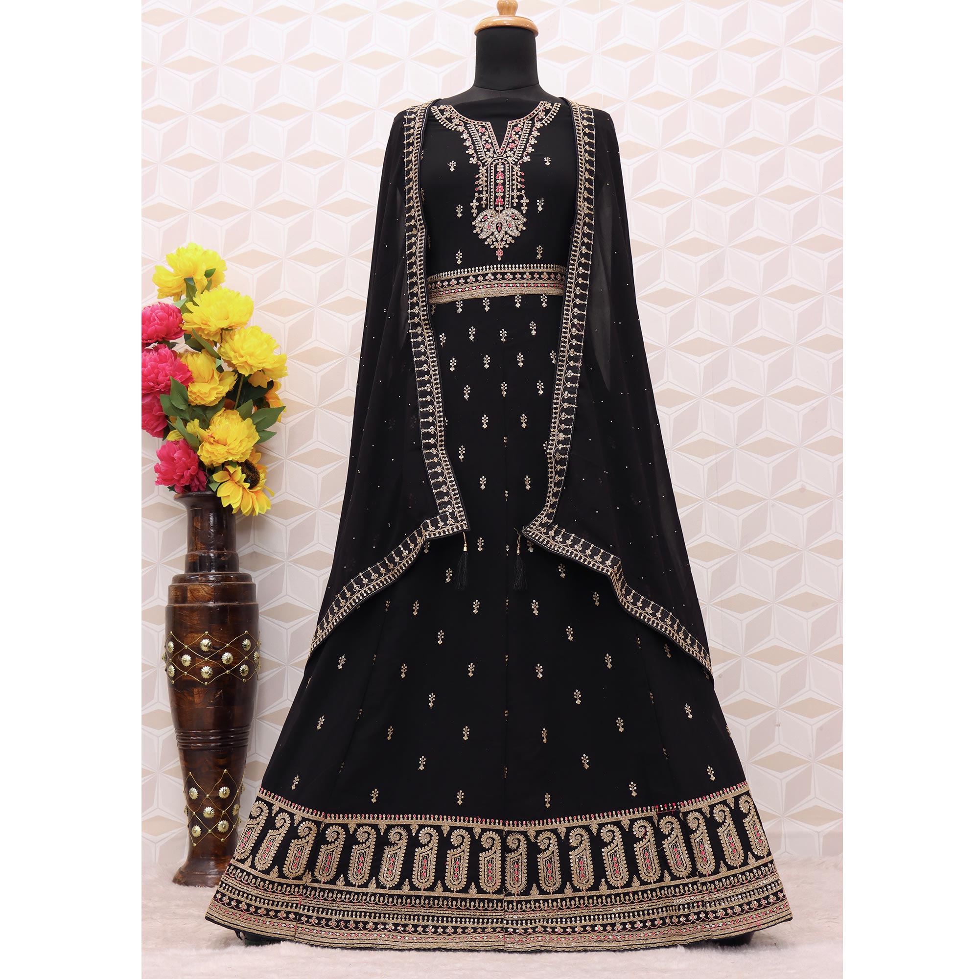 Black Sequins Embroidered Georgette Semi Stitched Anarkali Suit