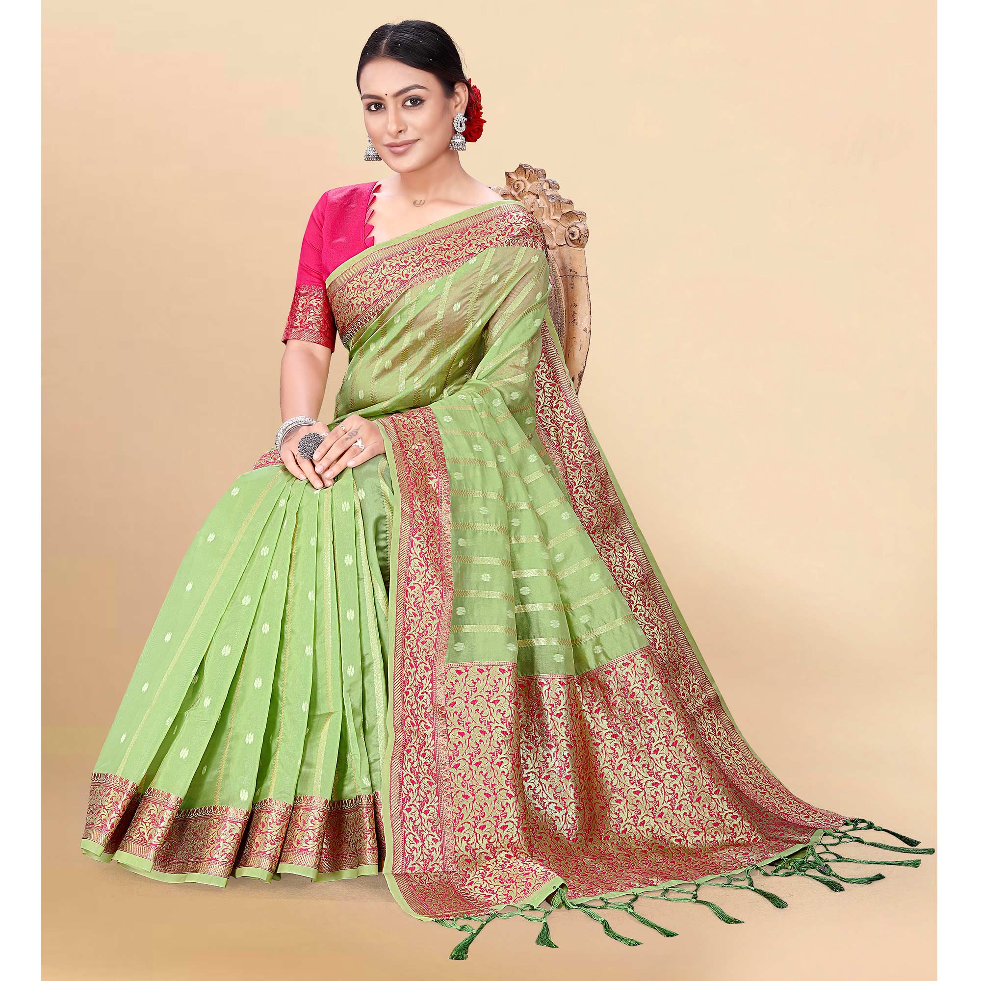Green Woven Organza Saree With Tassels