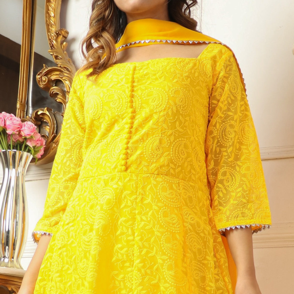 Yellow Chikankari Work Georgette Anarkali Suit