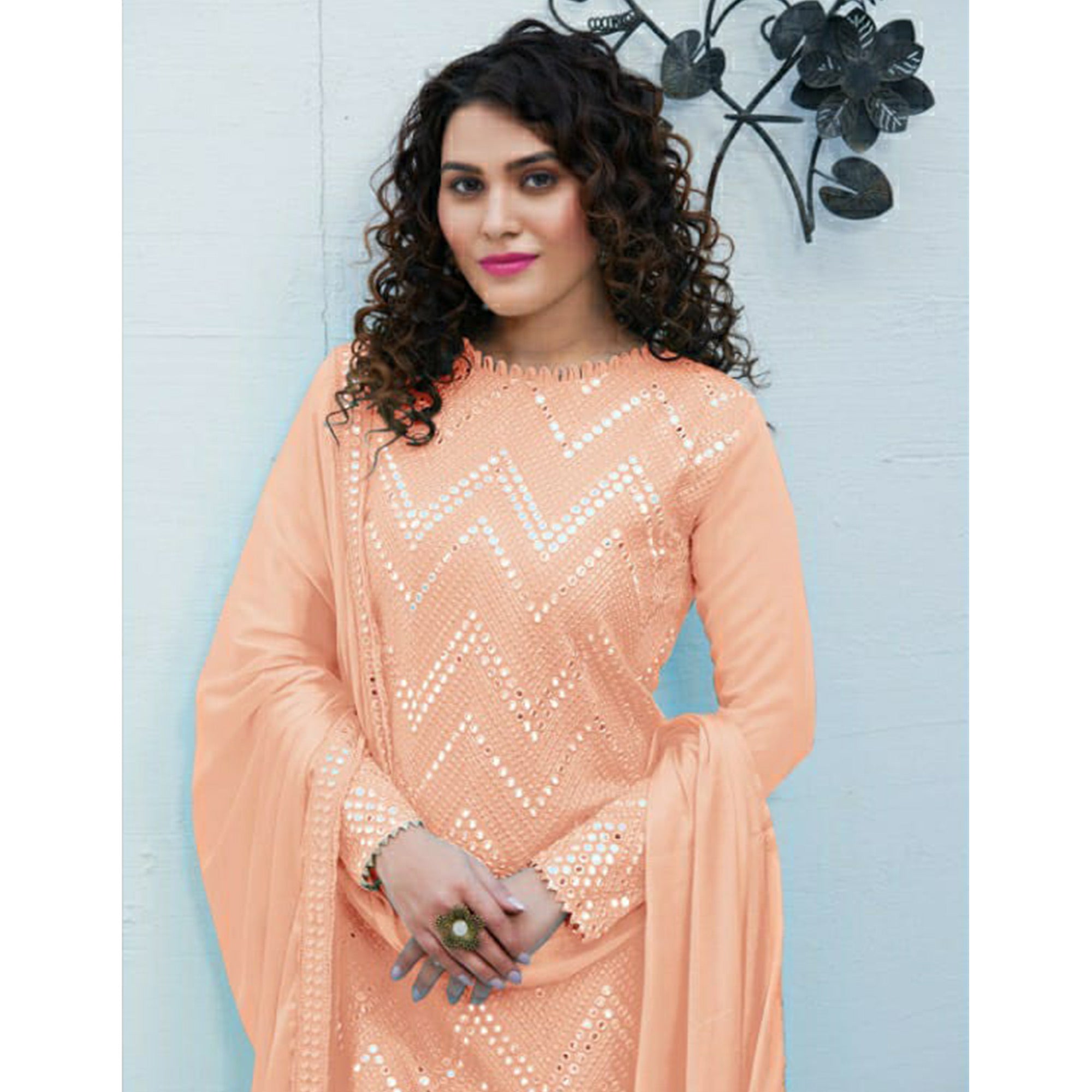 Peach Mirror Embroidered Georgette Suit