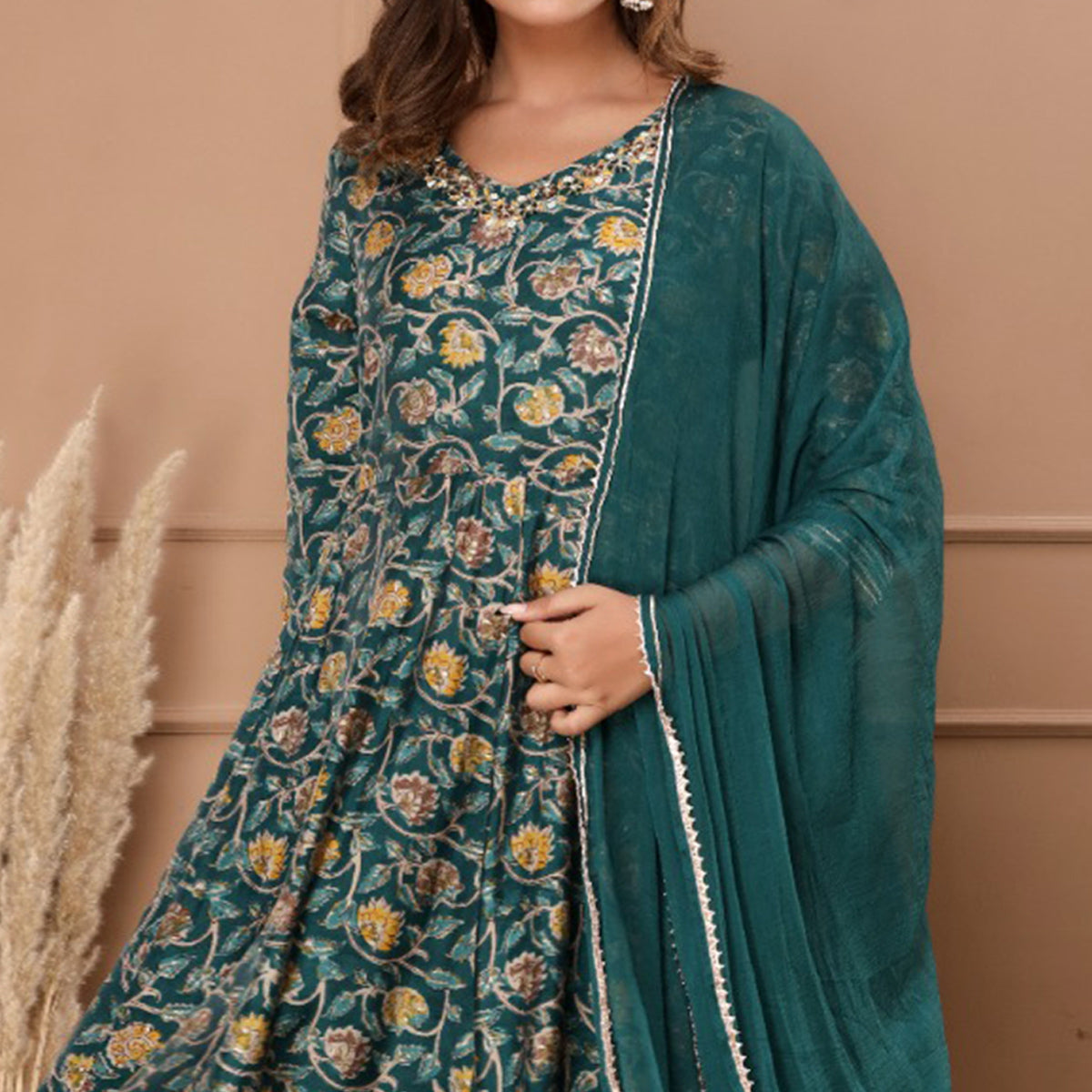Green Jaipuri Printed With Gota Patti Work Muslin Anarkali Suit