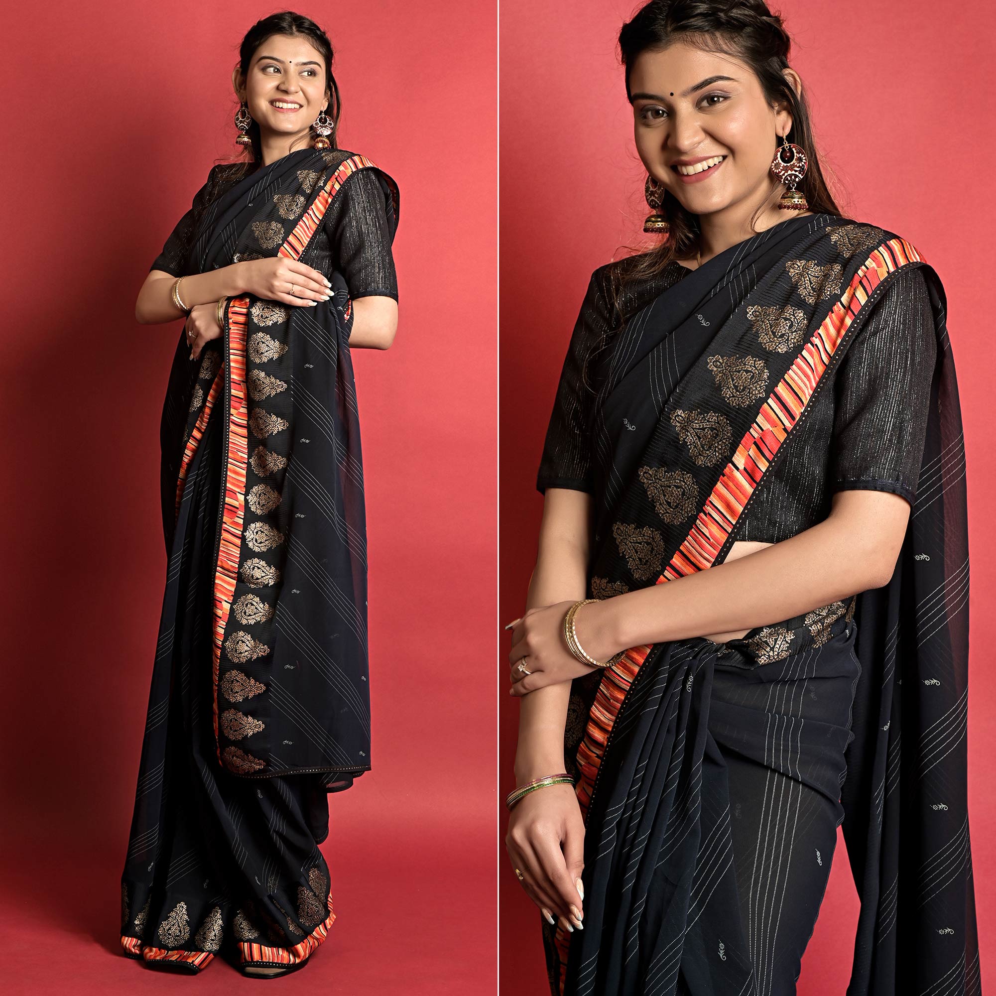 Black Printed Georgette Saree