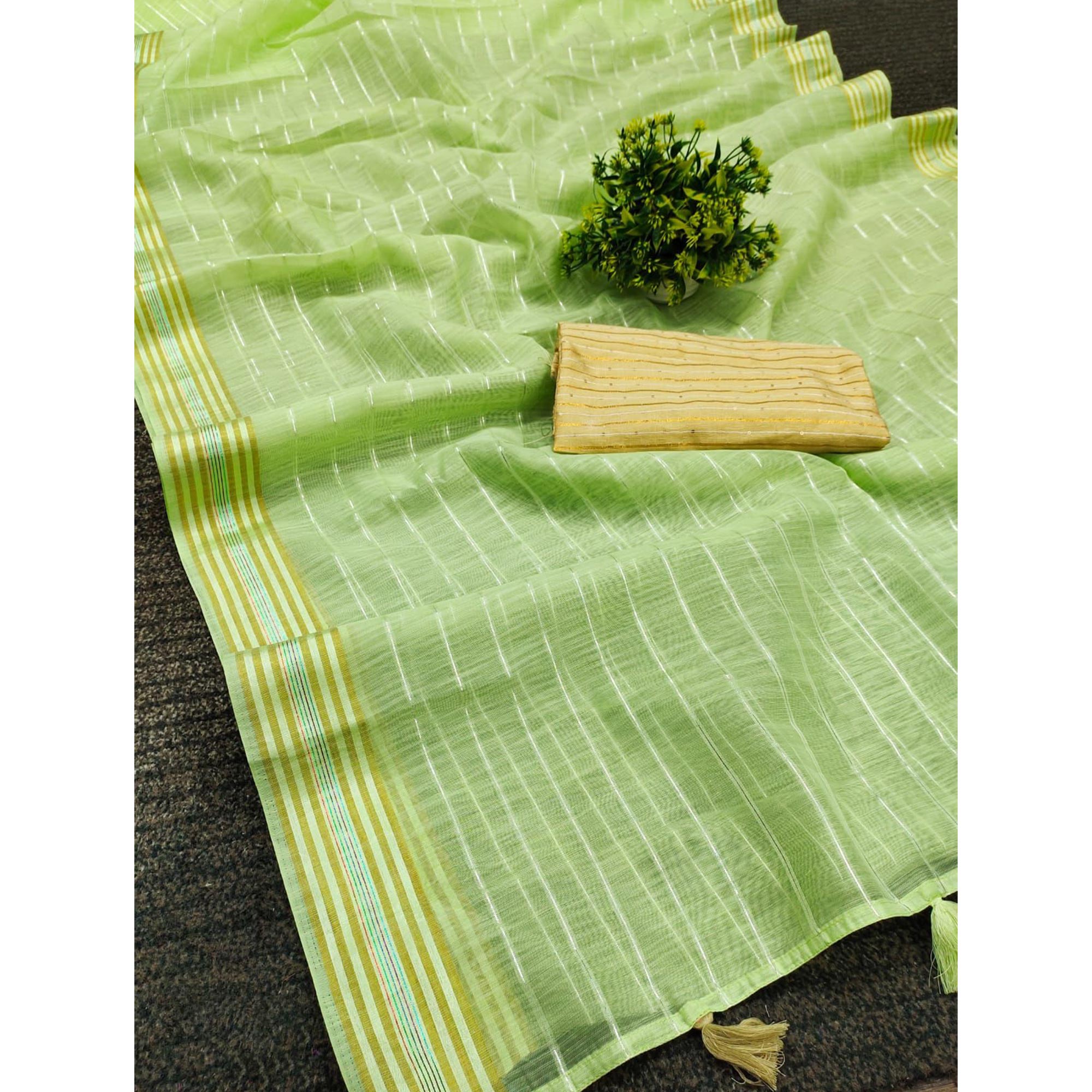 Green Woven Linen Saree