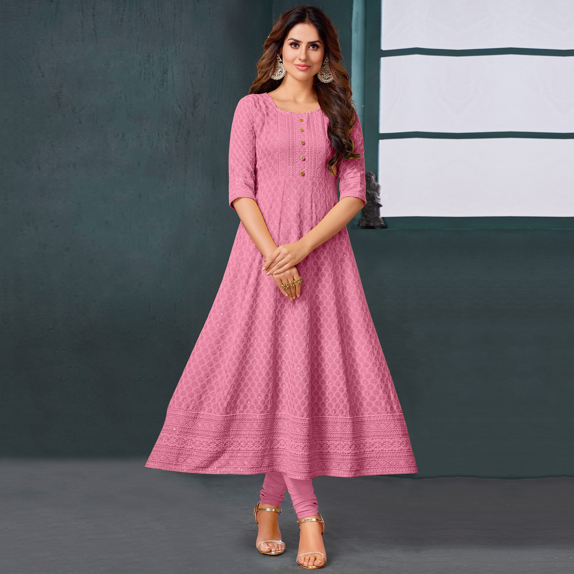 Pink Chikankari Work Aanarkali Style Rayon Kurti