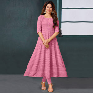 Pink Chikankari Work Aanarkali Style Rayon Kurti