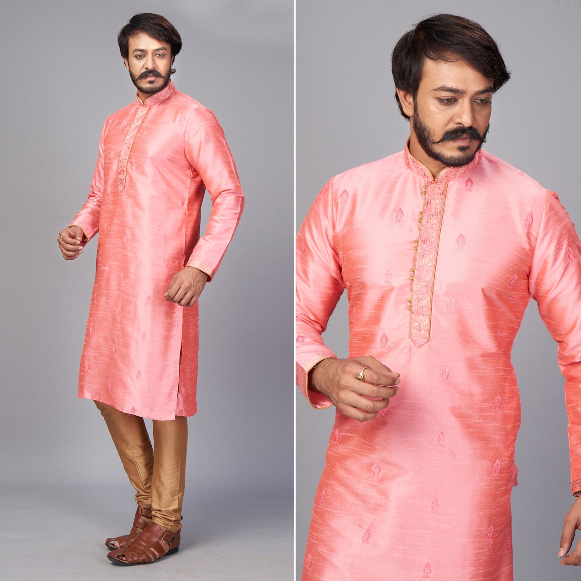 Pink Embroidered Jacquard Kurta Pyjama Set