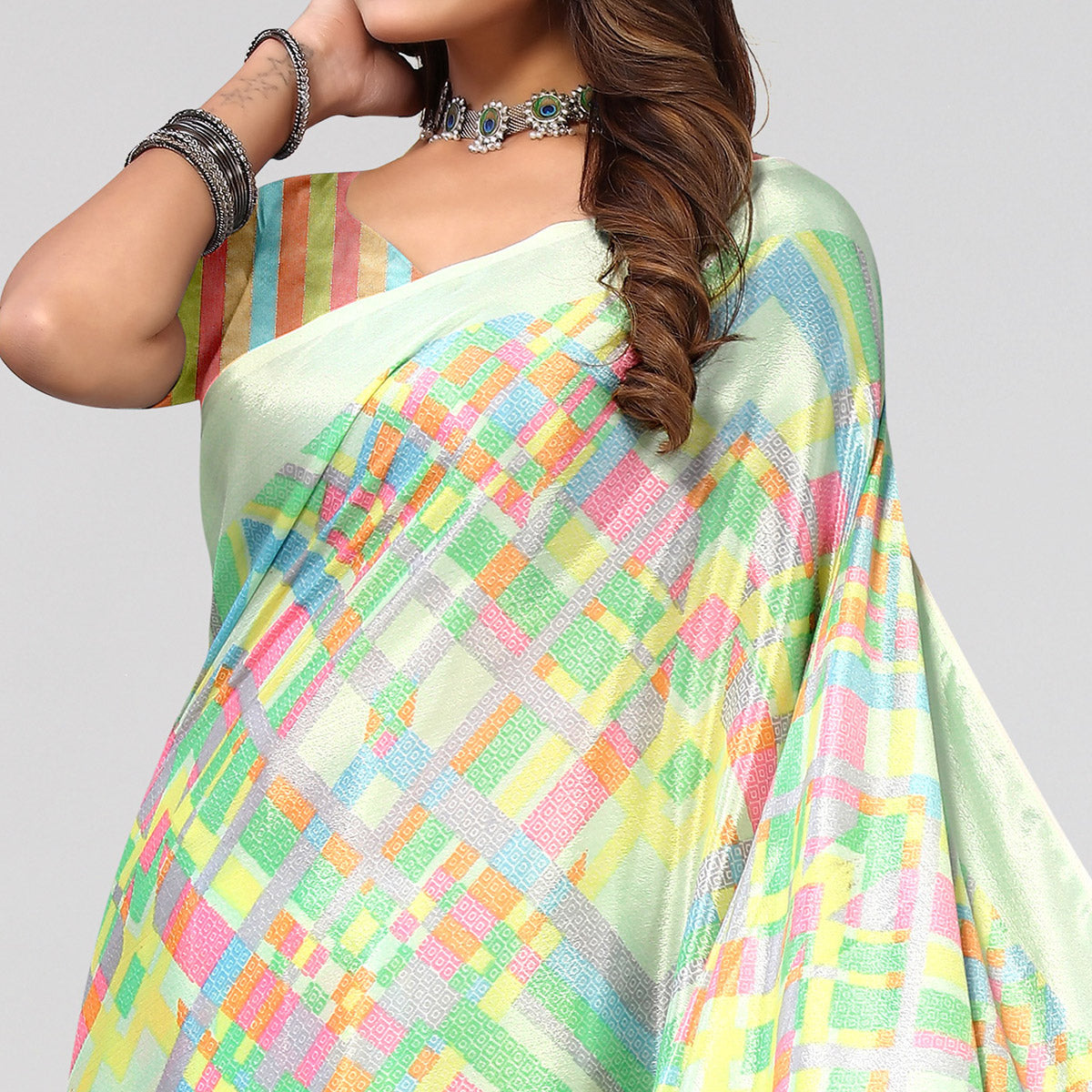 Sea Green Geometric Printed Chiffon Saree