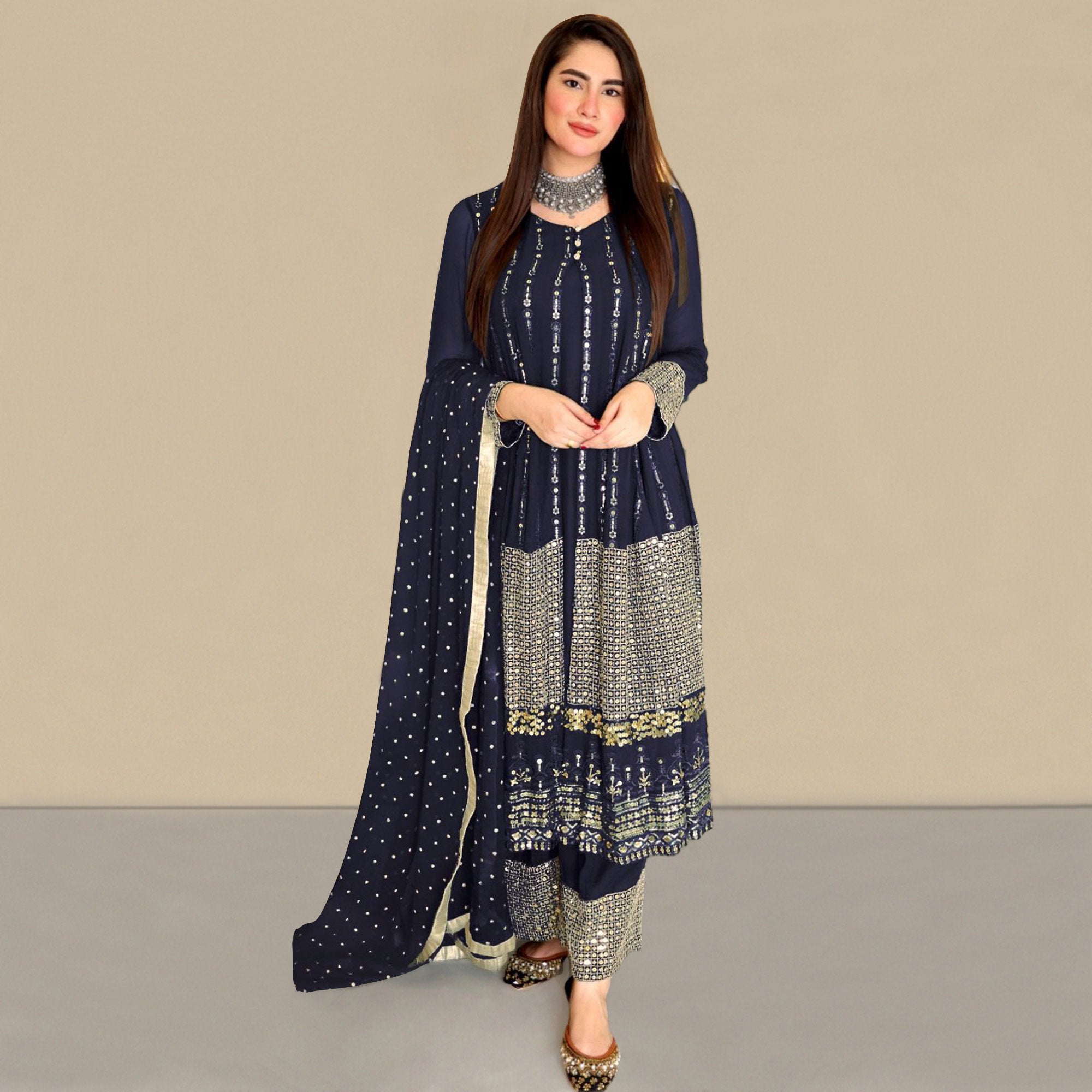 Blue Sequins Embroidered Georgette Pakistani Suit