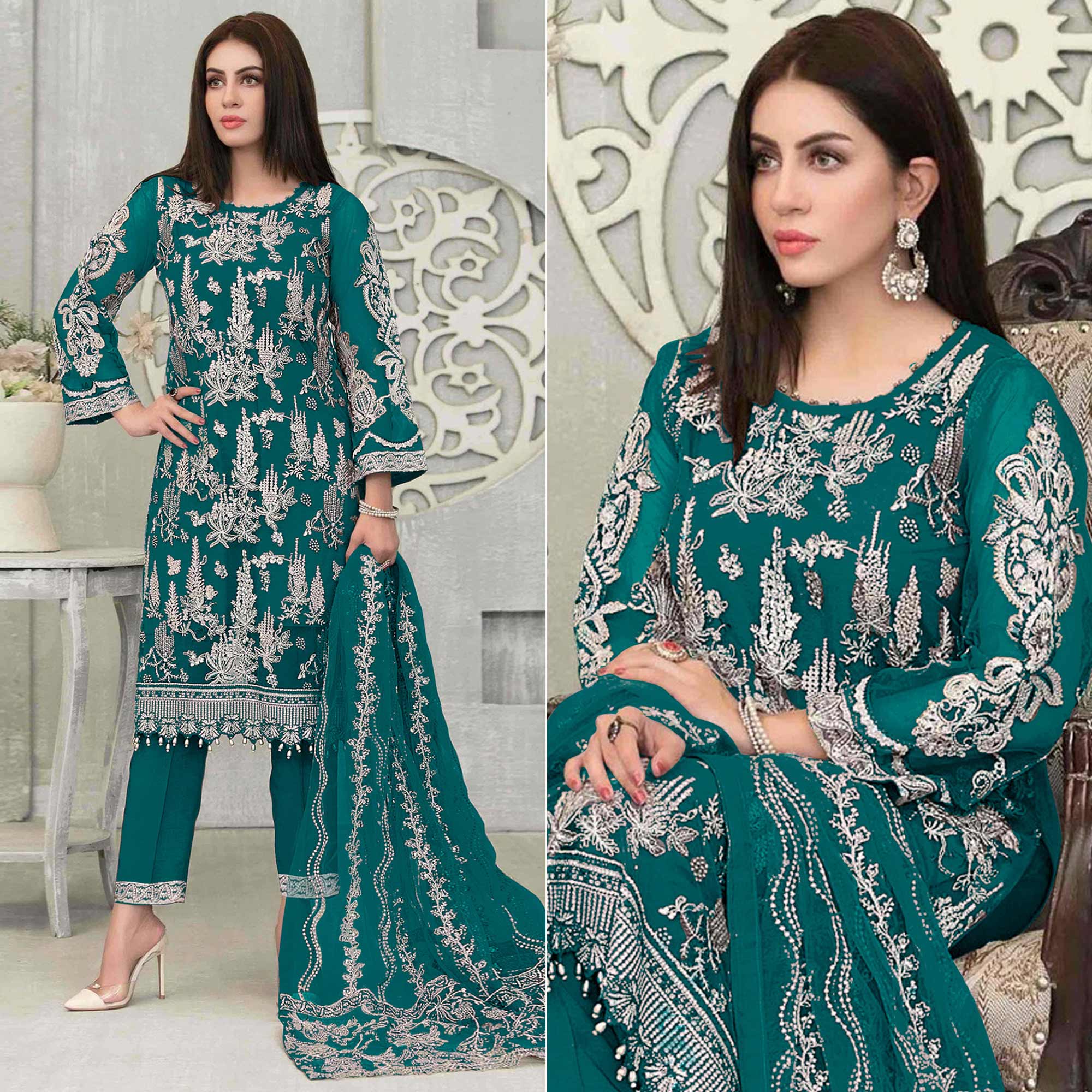 Teal Blue Floral Embroidered Georgette Pakistani Suit