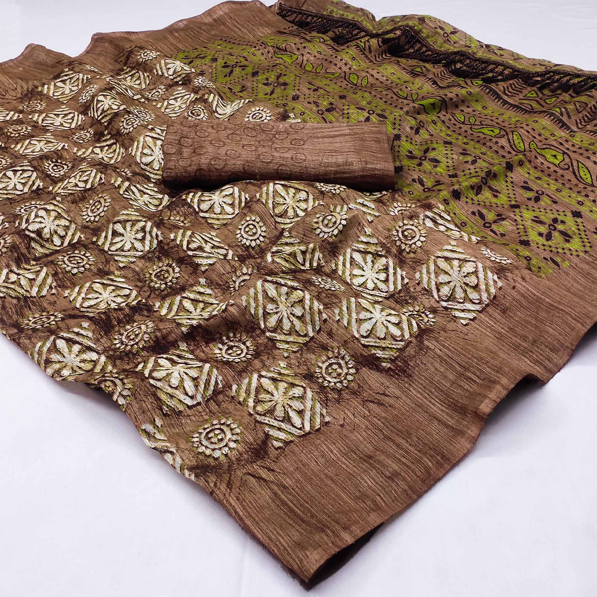 Brown Floral Printed Art Silk Saree
