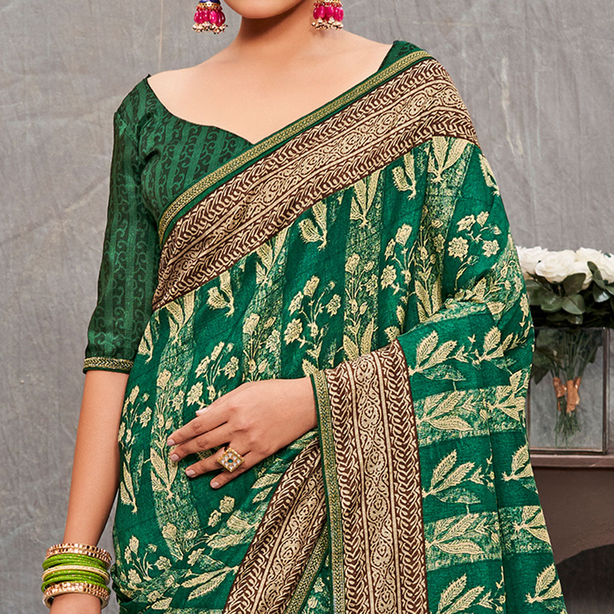 Green Floral Printed Tussar Silk Saree