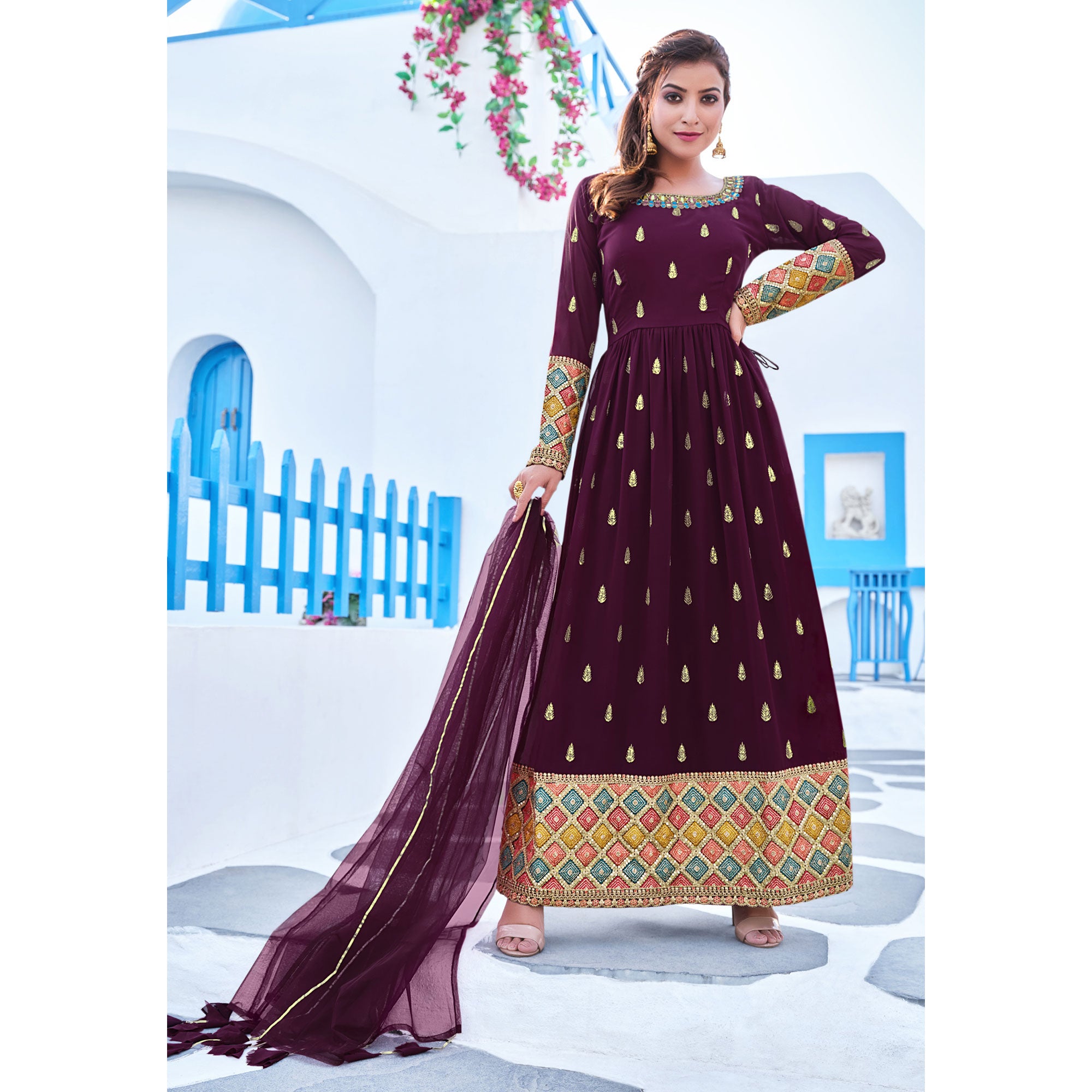 Wine Sequins Embroidered Georgette Naira Cut Suit