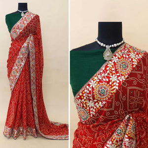 Red Bandhani Printed With Embroidered Border Georgette Saree