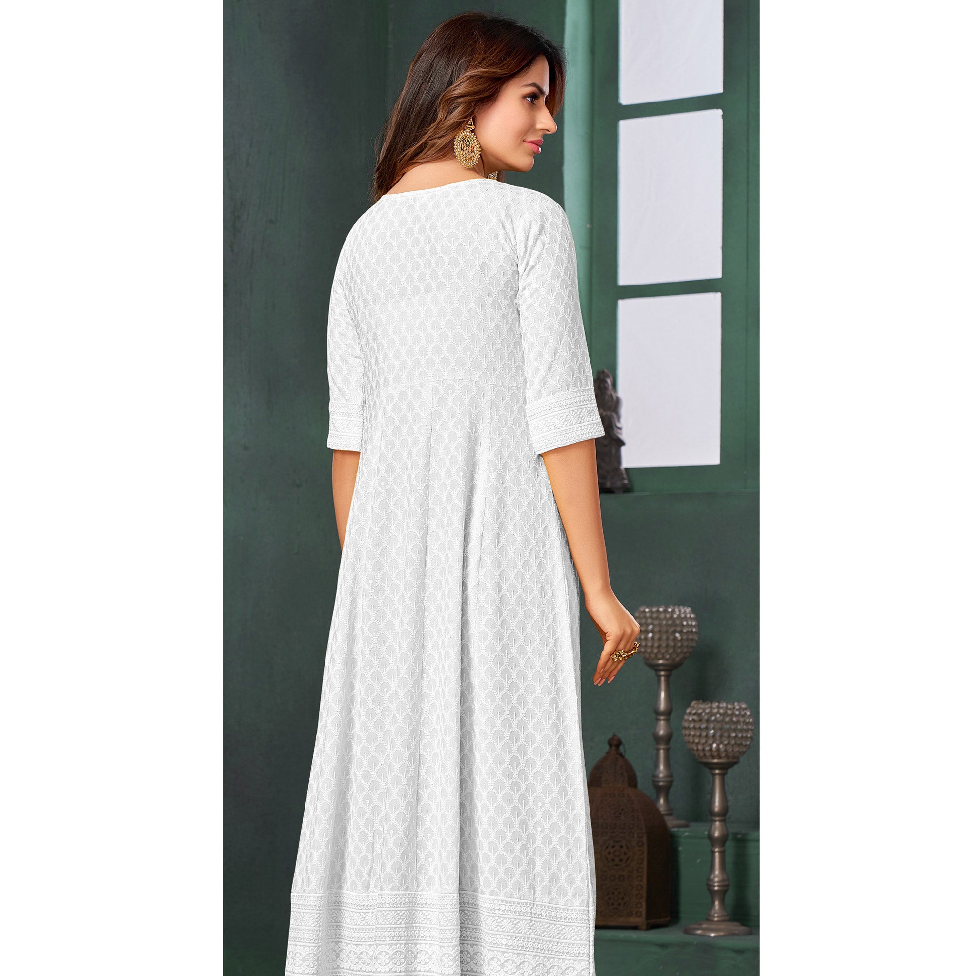 White Chikankari Work Aanarkali Style Rayon Kurti