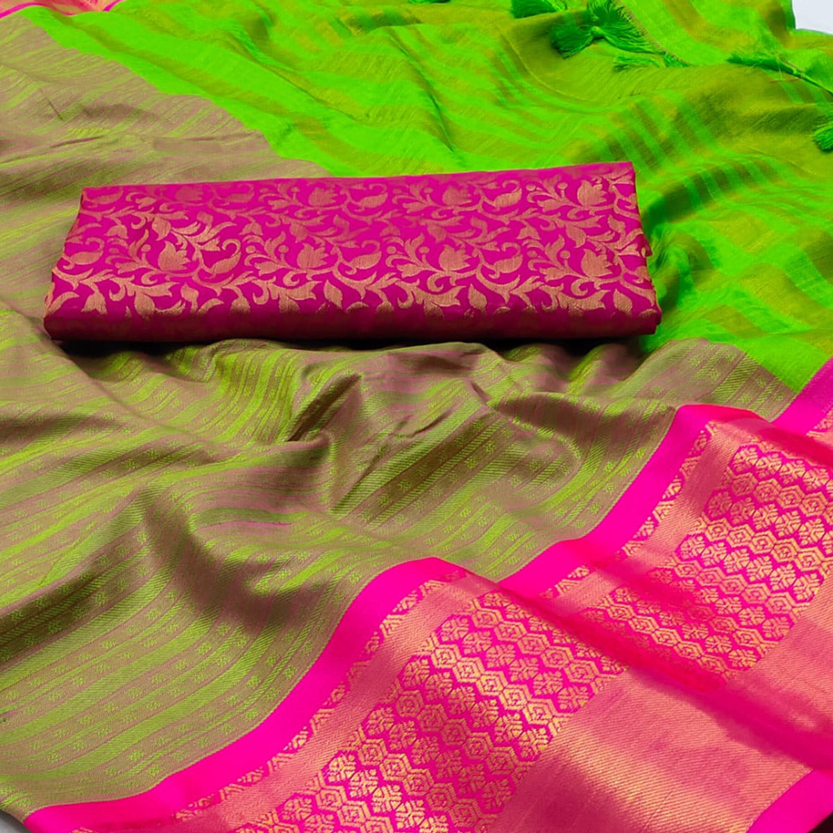 Parrot Green Woven Cotton Silk Saree