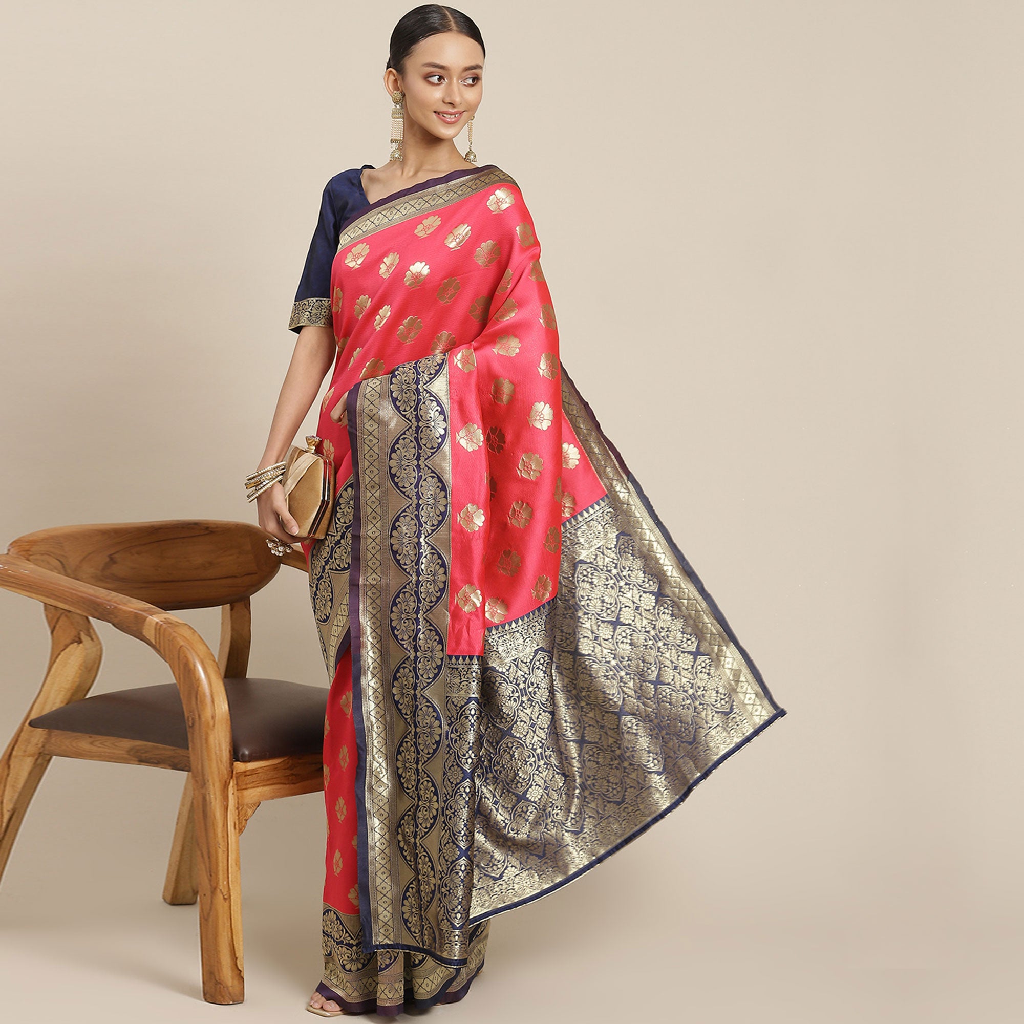 Pink & Navy Blue Woven Banarasi Silk Saree