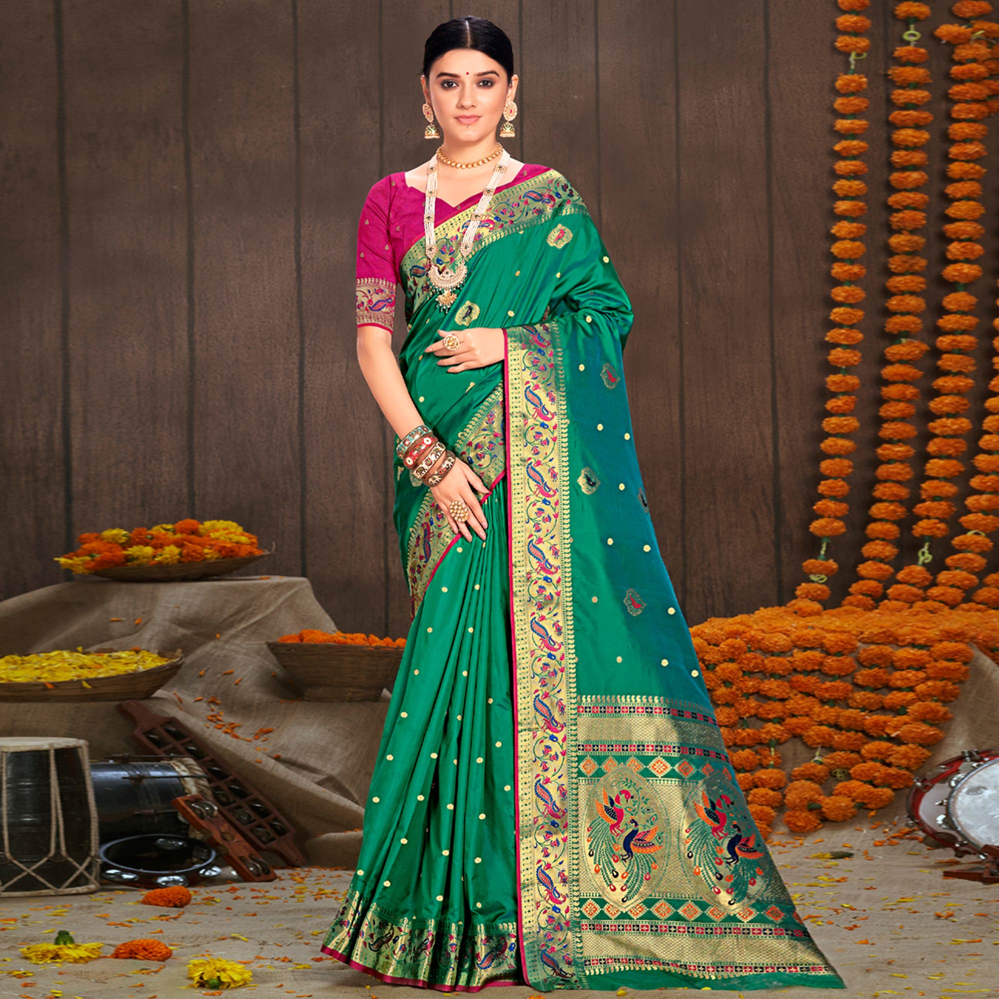 Green Woven Cotton Silk Paithani Saree