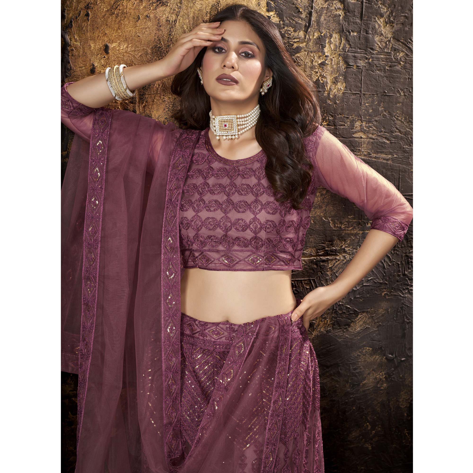 Plum Purple Sequins Embroidered Net Lehenga Choli