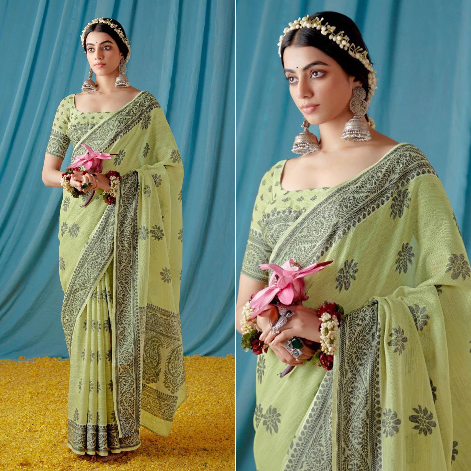 Pista Green Thread Woven Cotton Silk Saree