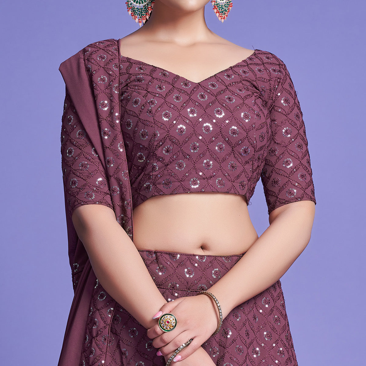 Mauve Sequins Embroidered Georgette Lehenga Choli