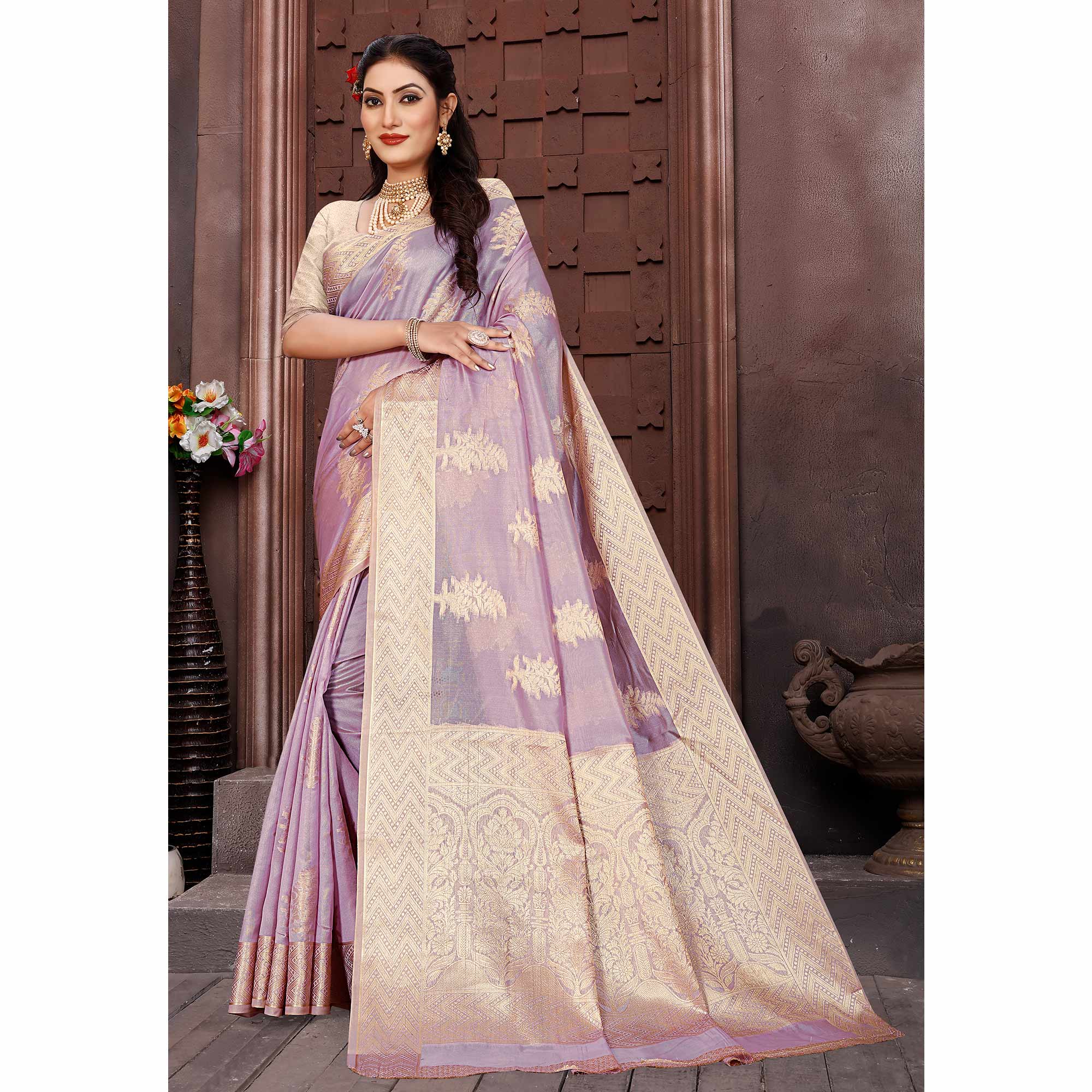 Light Purple Floral Woven Organza Saree