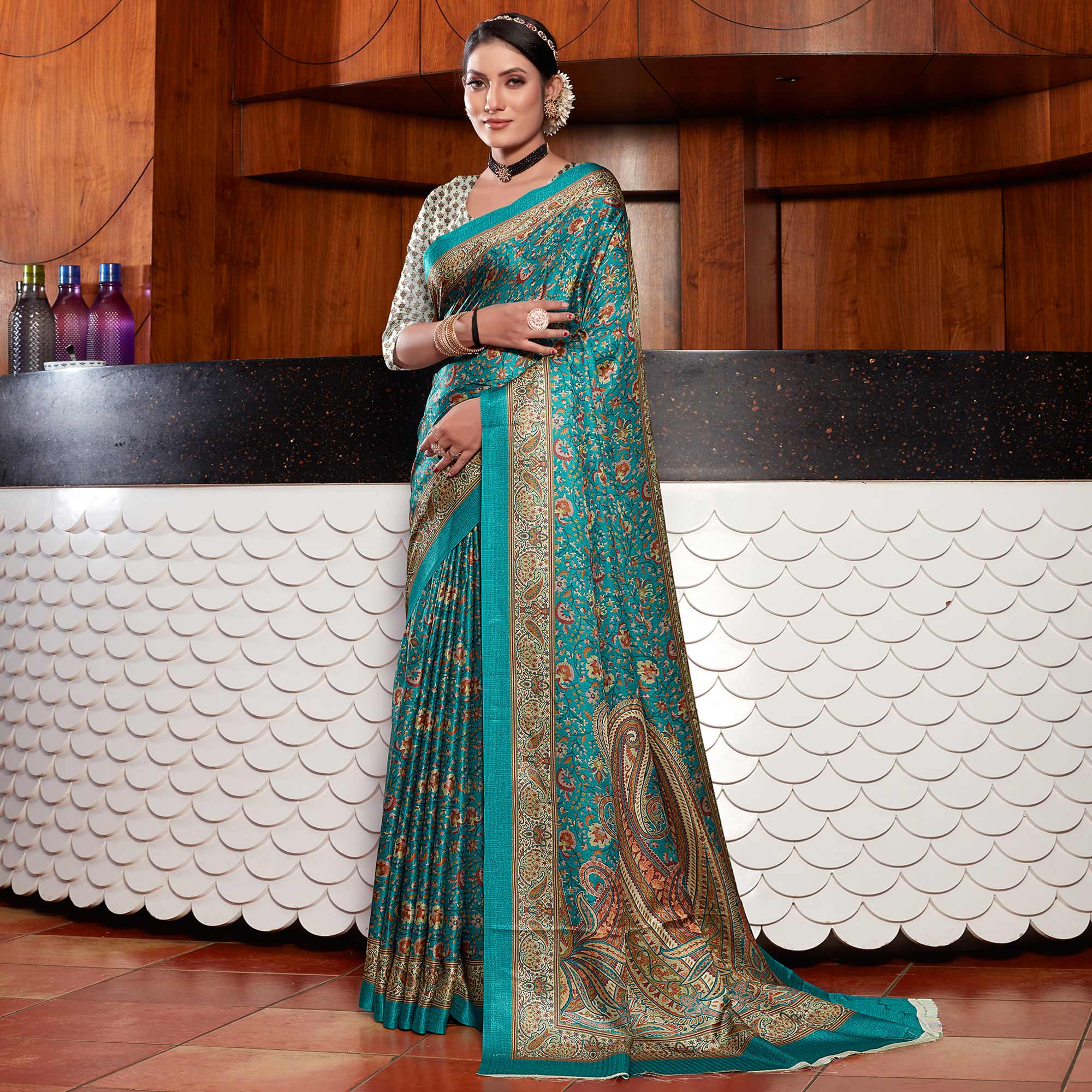 Rama Blue Digital Printed Pashmina Saree