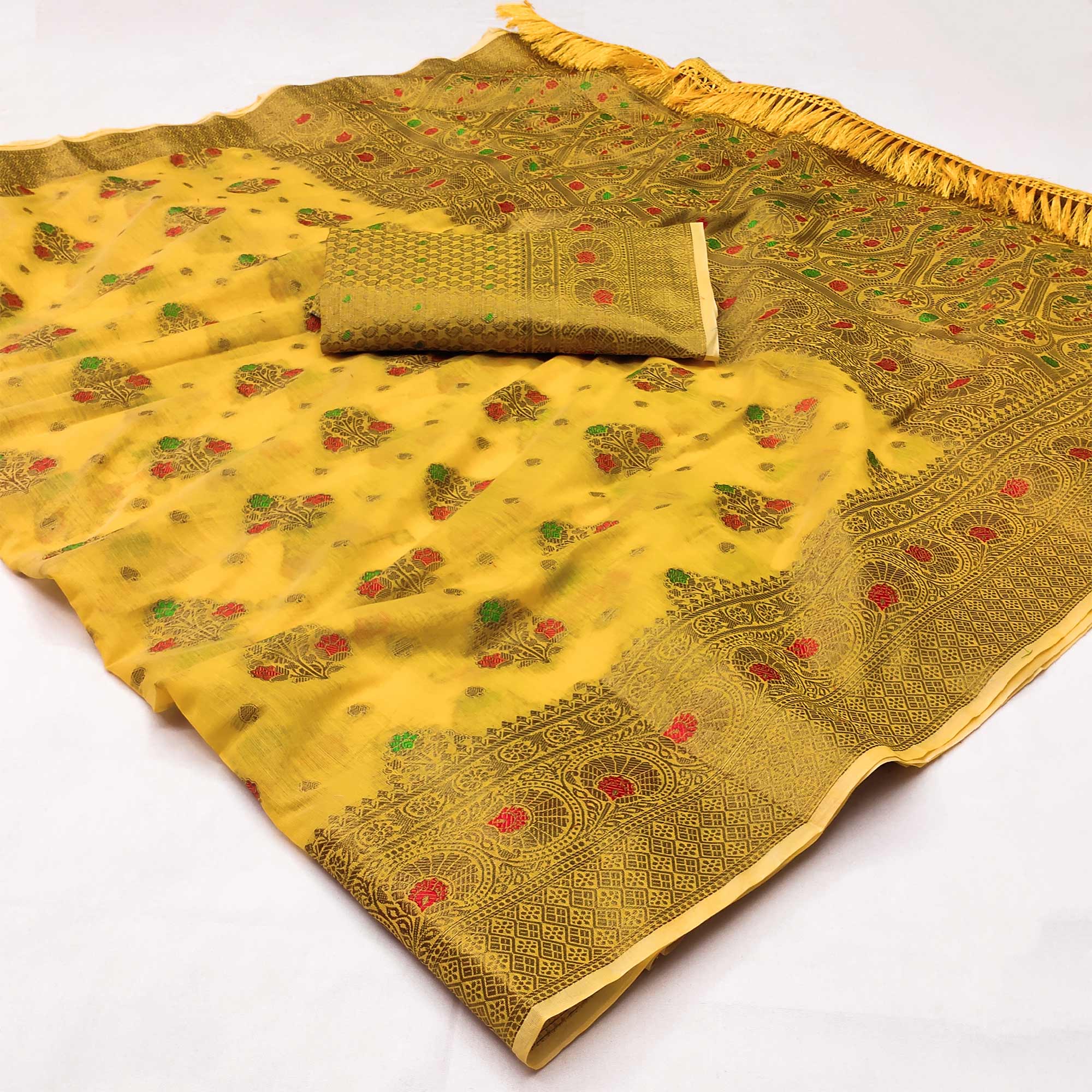 Yellow Woven Cotton Blend Saree With Tassels