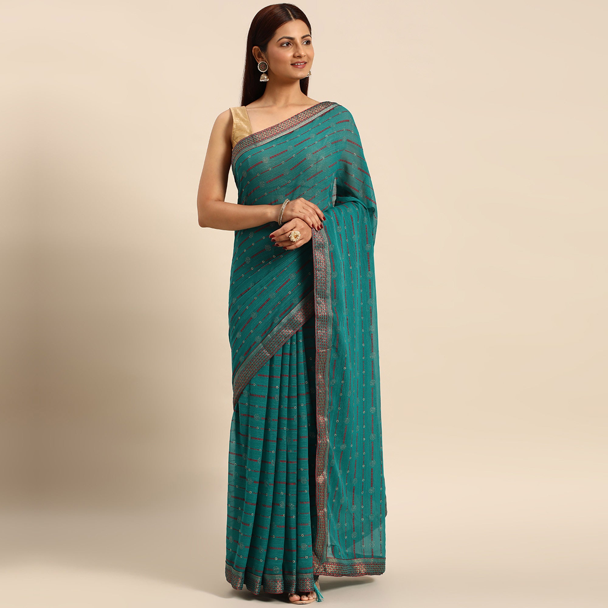 Turquoise Green Foil Printed Zomato Saree