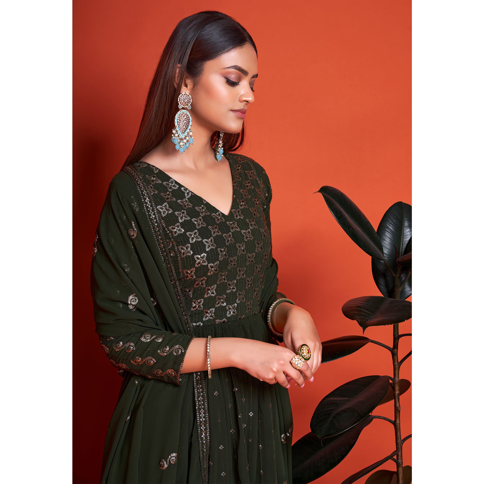 Mehendi Green Sequins Embroidered Georgette Gown With Dupatta