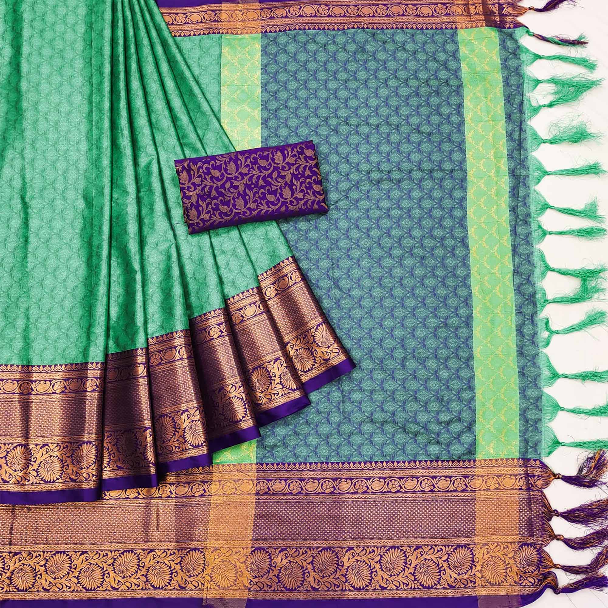 Light Rama Green Printed And Woven Cotton Silk Saree With Tassels