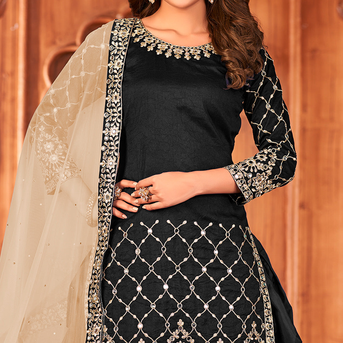 Black Embroidered Art Silk Patiala Suit