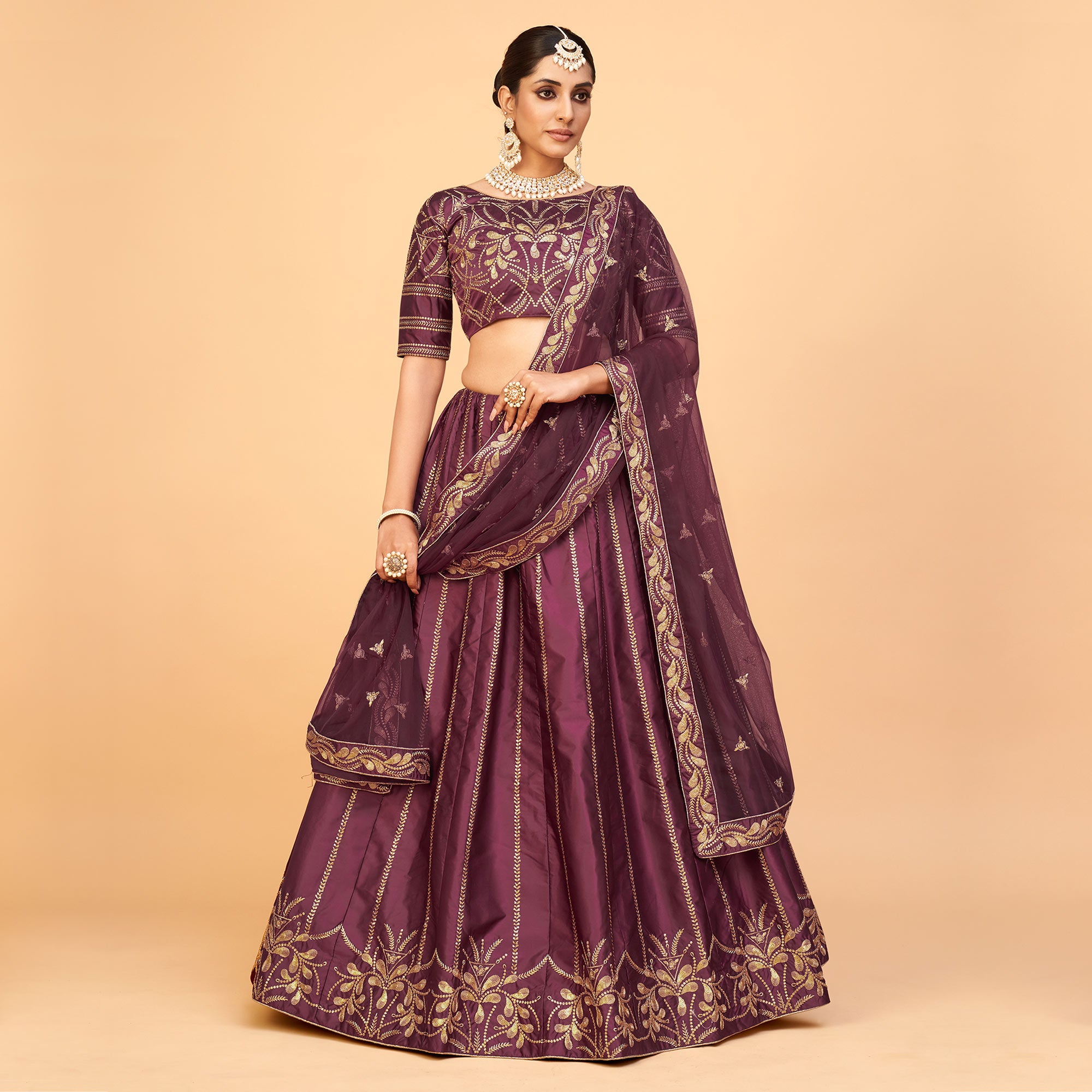 Wine Sequins Embroidered Art Silk Lehenga Choli