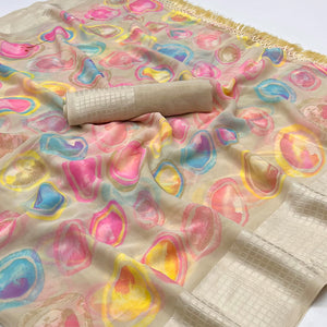 Chikoo Printed Georgette Saree With Tassels