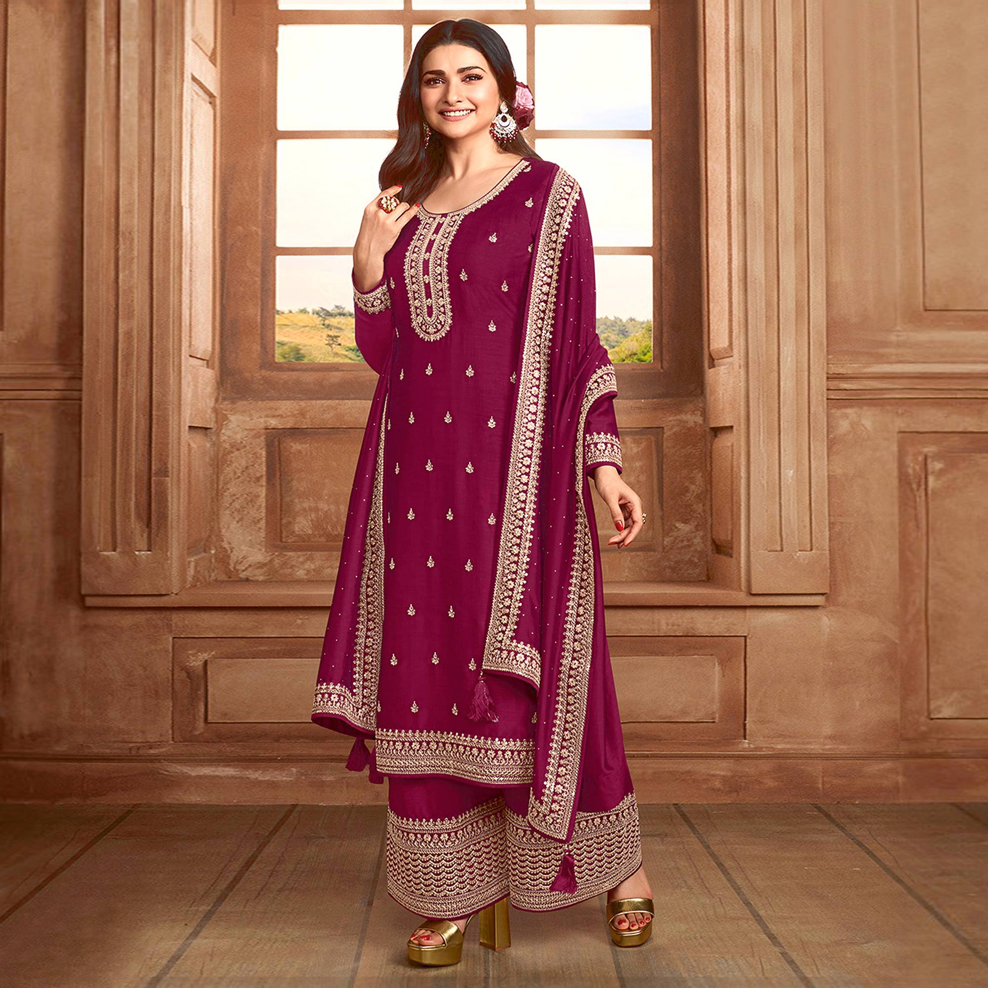 Magenta Purple Floral Embroidered Georgette Semi Stitched Palazzo Suit