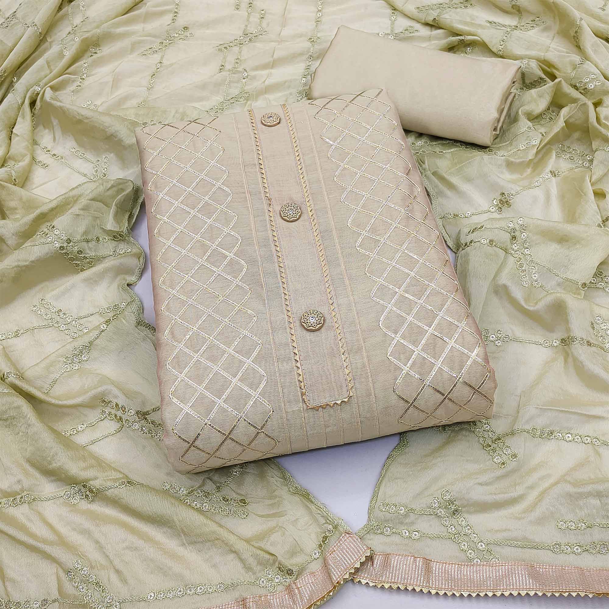 Chikoo Gota Work Chanderi Dress Material