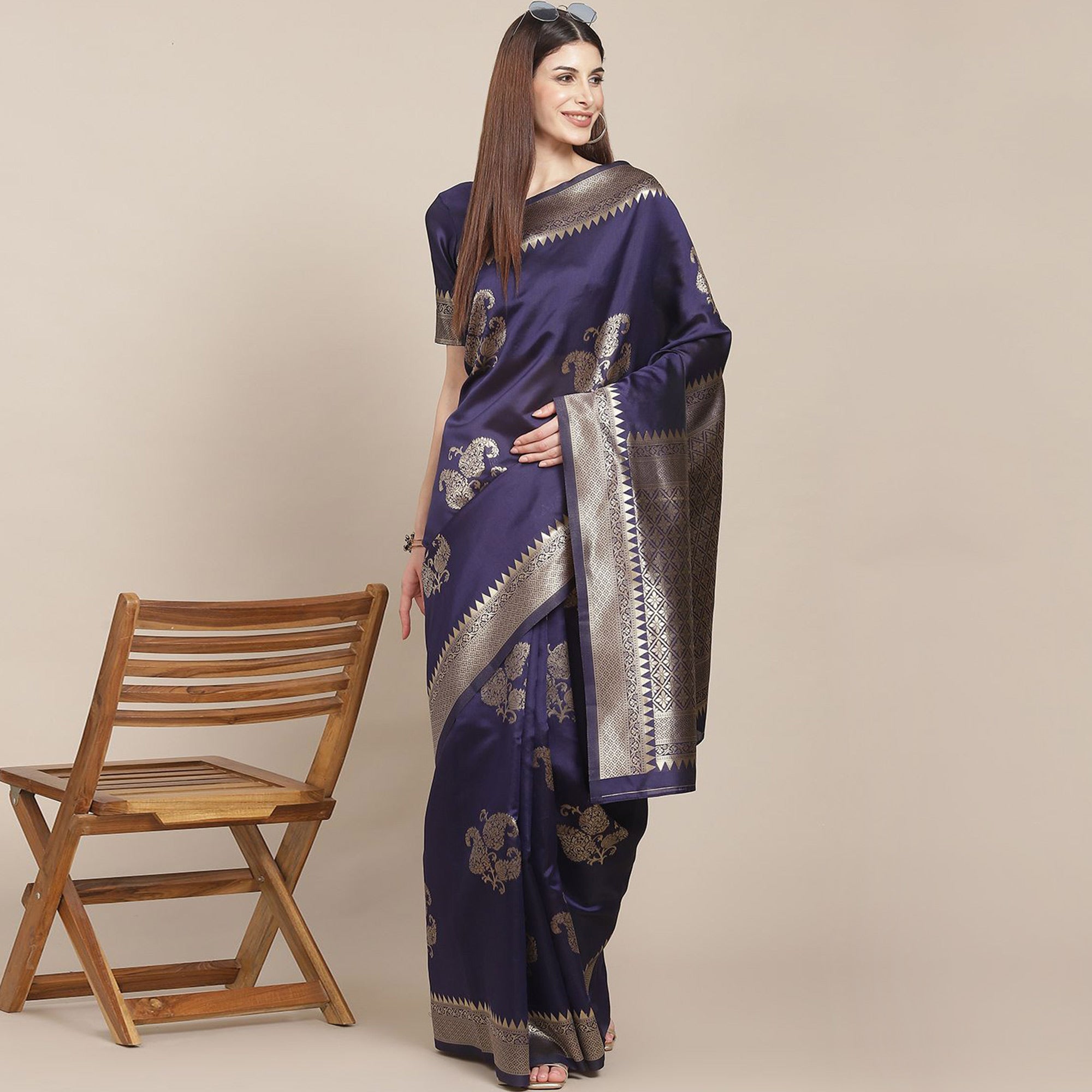 Navy Blue Woven Banarasi Silk Saree