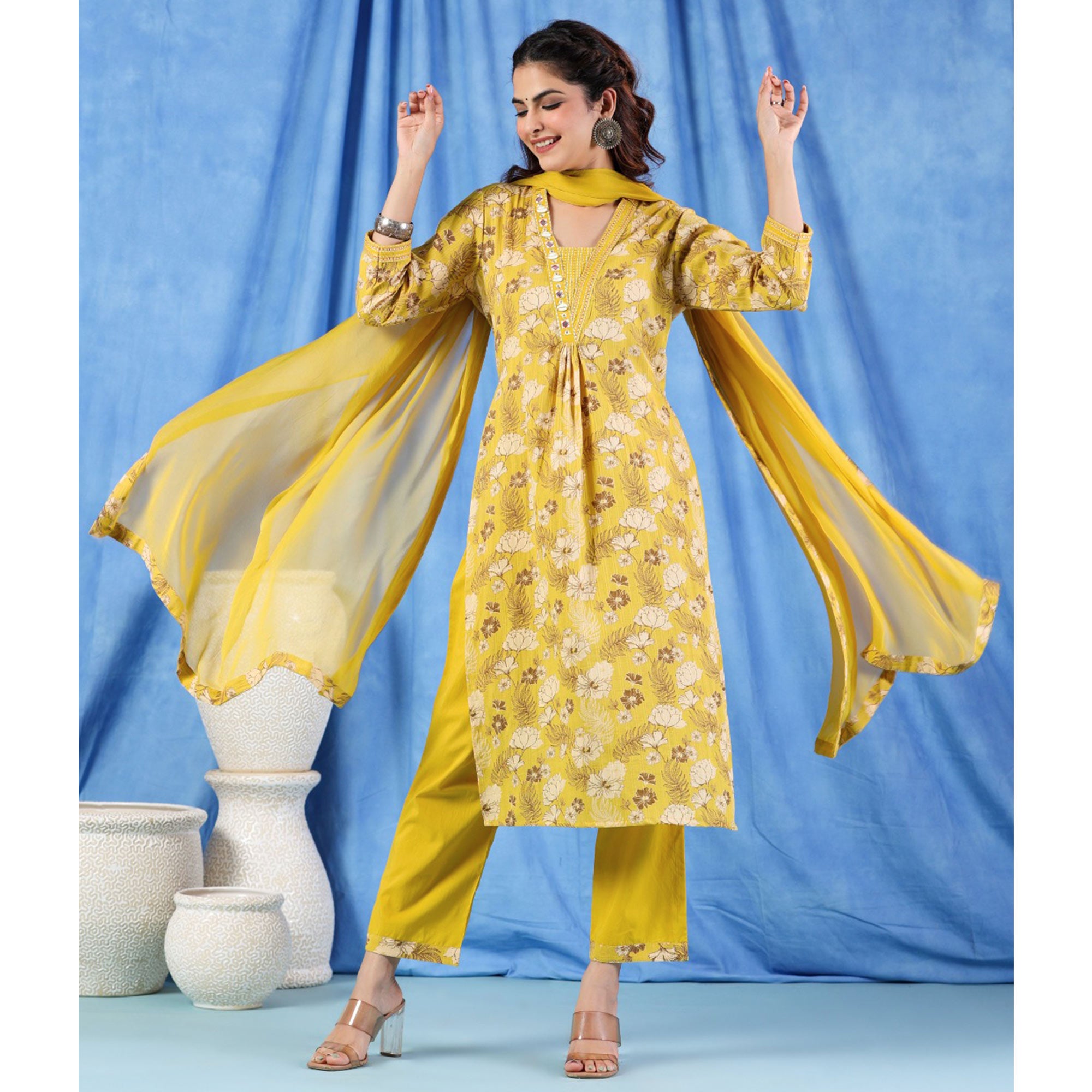 Yellow Floral Printed Pure Cotton Suit