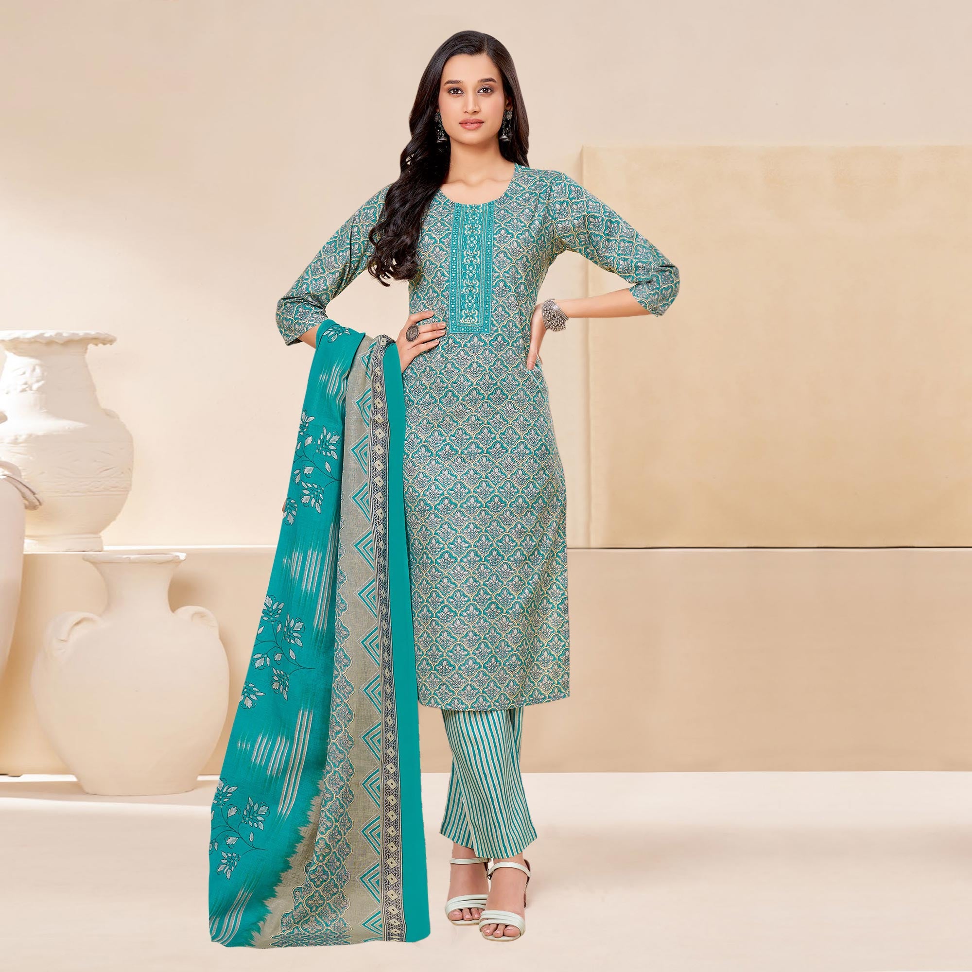 Rama Blue Printed With Tie Embroidered Pure Cotton Suit