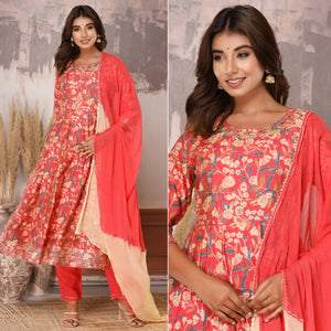 Pink Floral Printed With Gota Patti Work Muslin Anarkali Suit