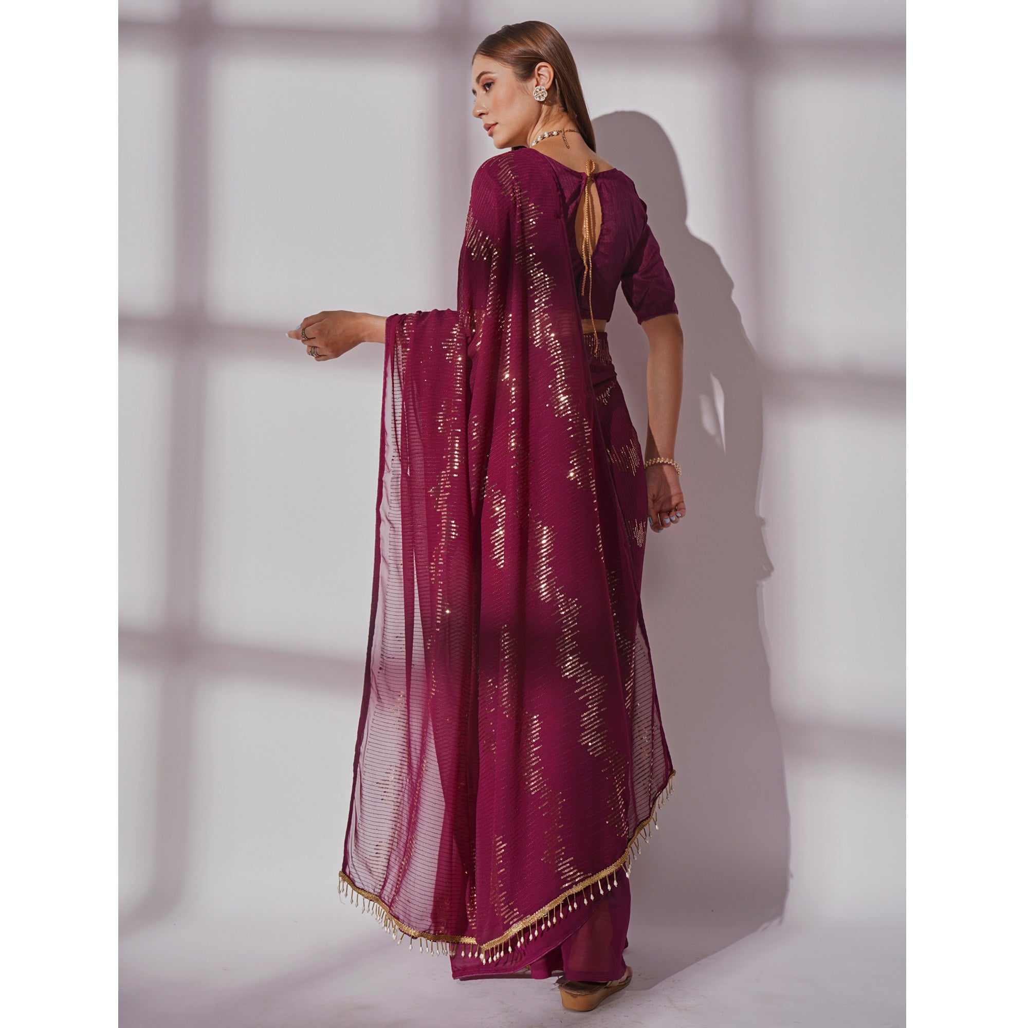 Wine Sequins Embroidered Georgette Saree