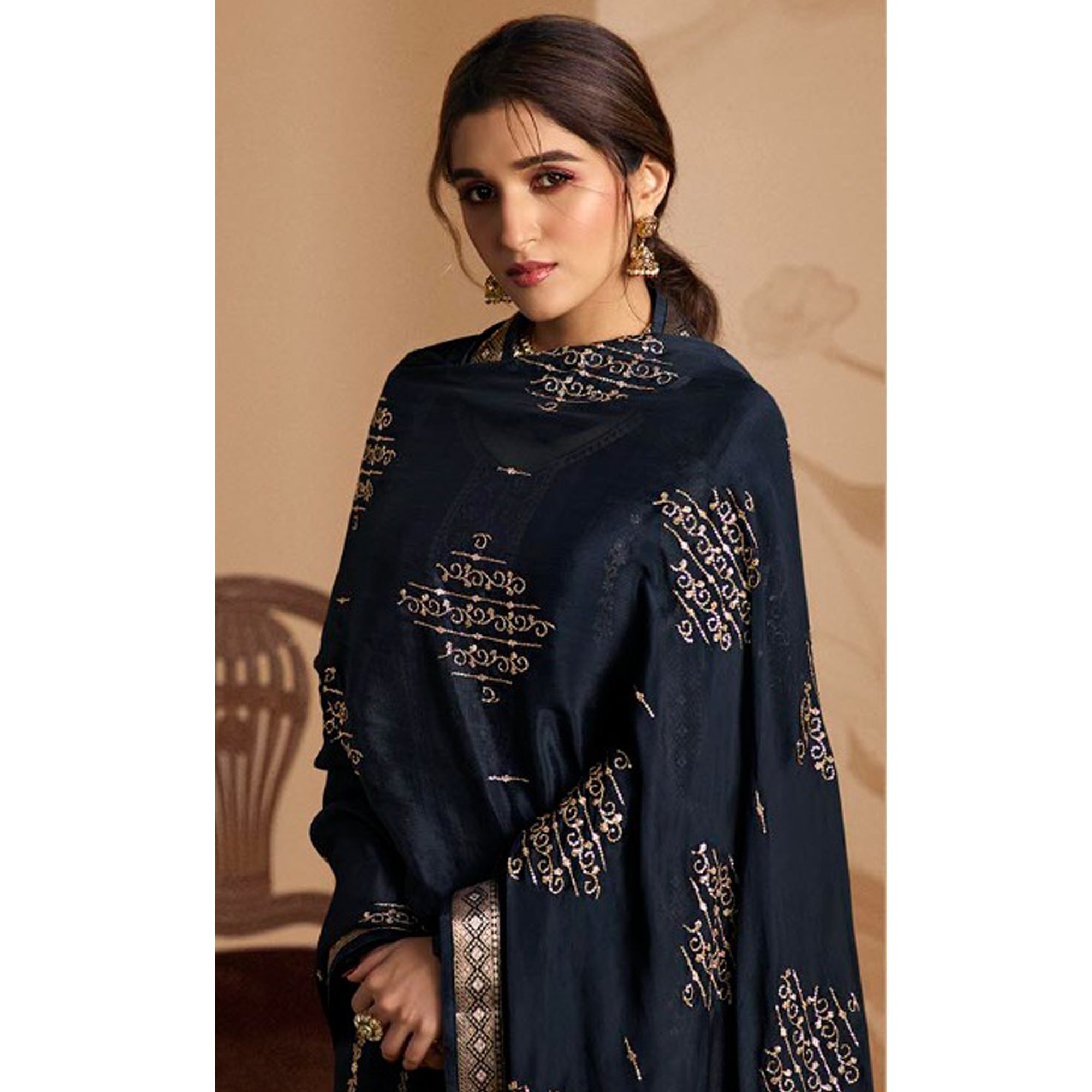 Navy Blue Woven And Embroidered Dola Silk Palazzo Suit