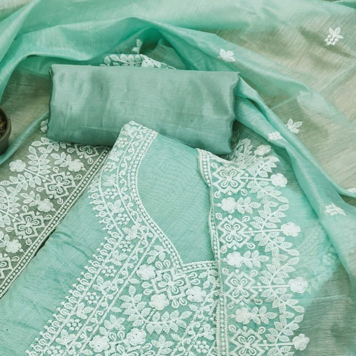 Sea Green Lucknowi Embroidered Modal Dress Material