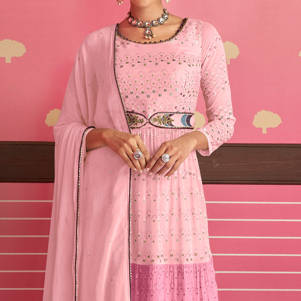 Pink Sequins Embroidered Georgette Naira Cut Suit