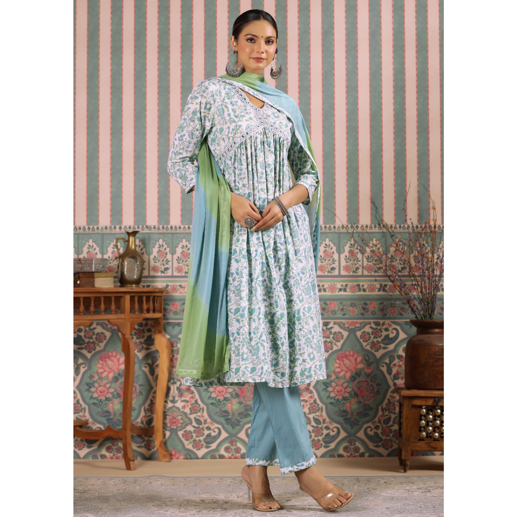 Aqua Blue Floral Printed Pure Cotton Alia Cut Suit