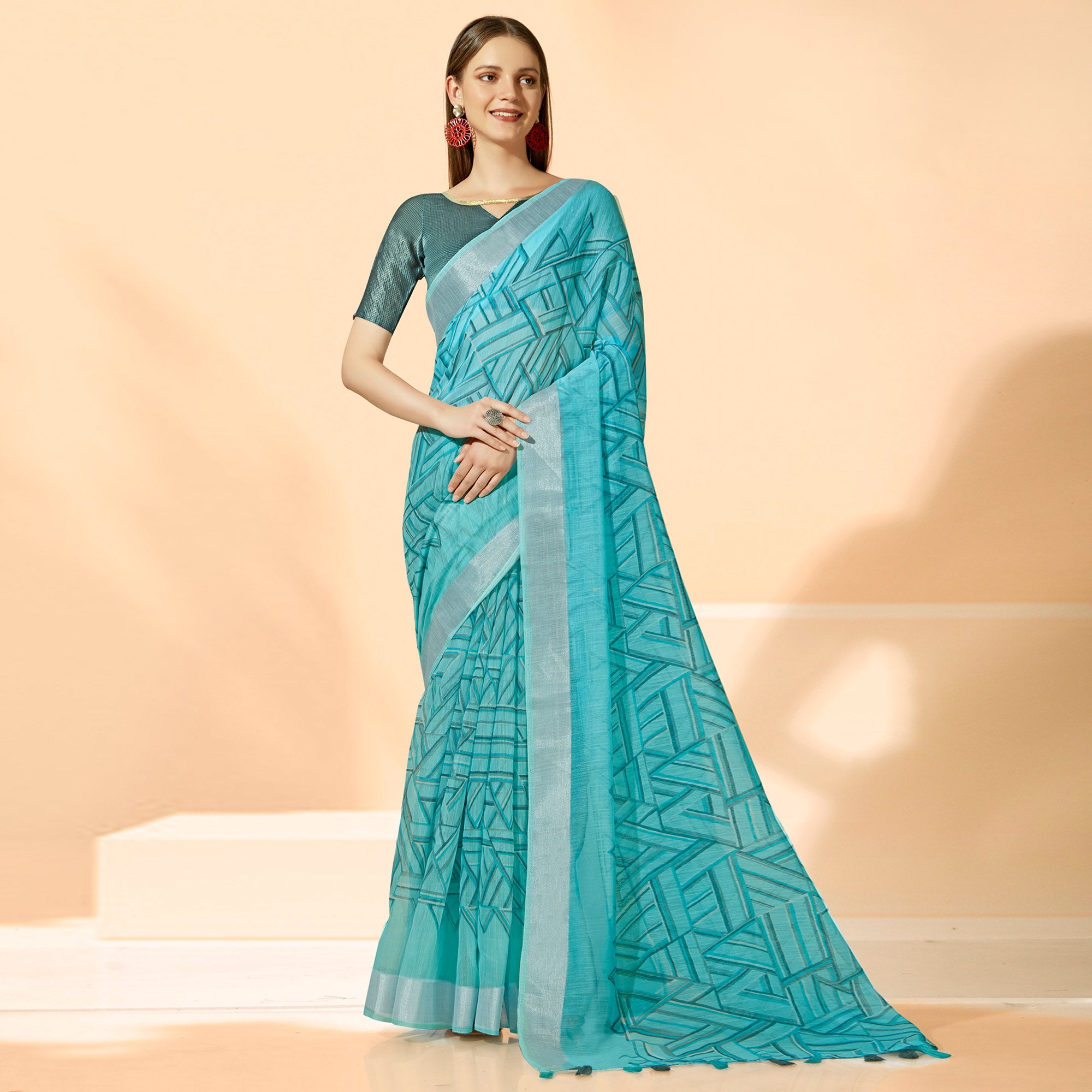 Sky Blue Printed Cotton Silk Saree With Tassels