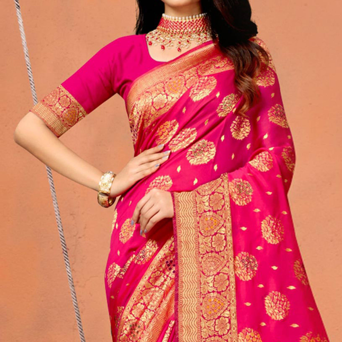 Rani Pink Floral Woven Art Silk Saree