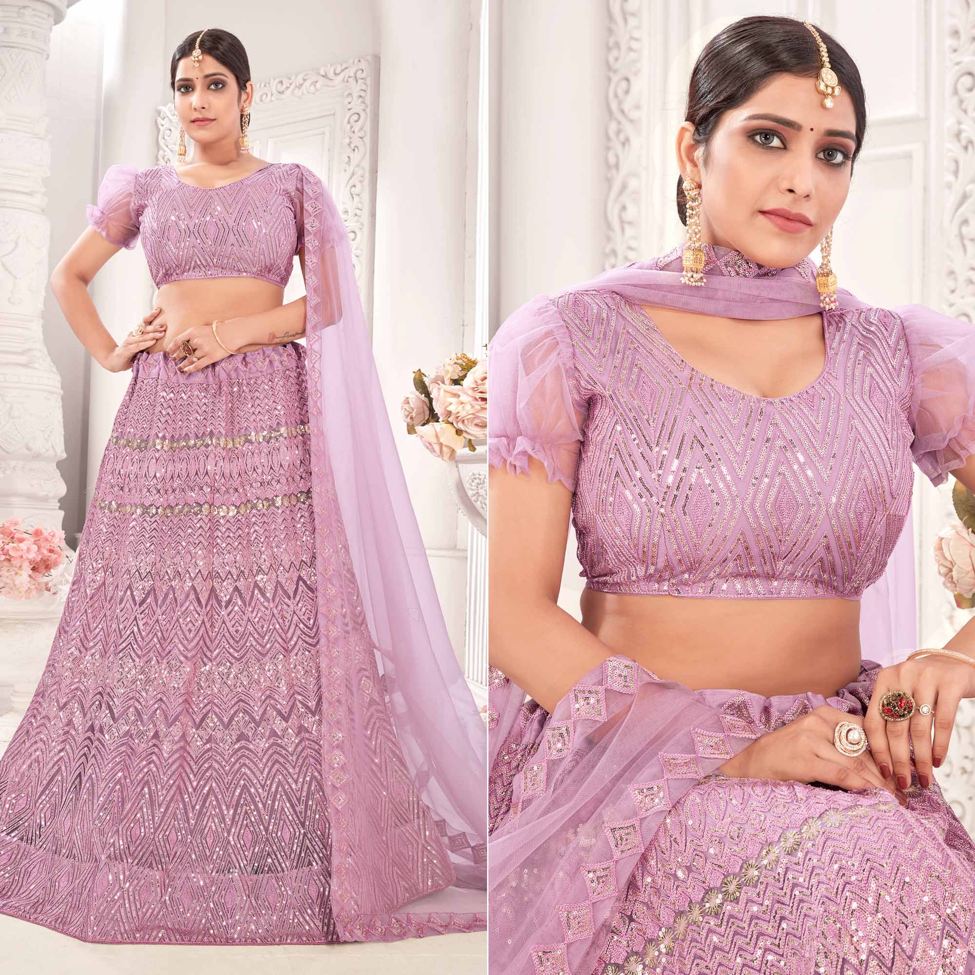 Mauve Sequins Embroidered Netted Lehenga Choli