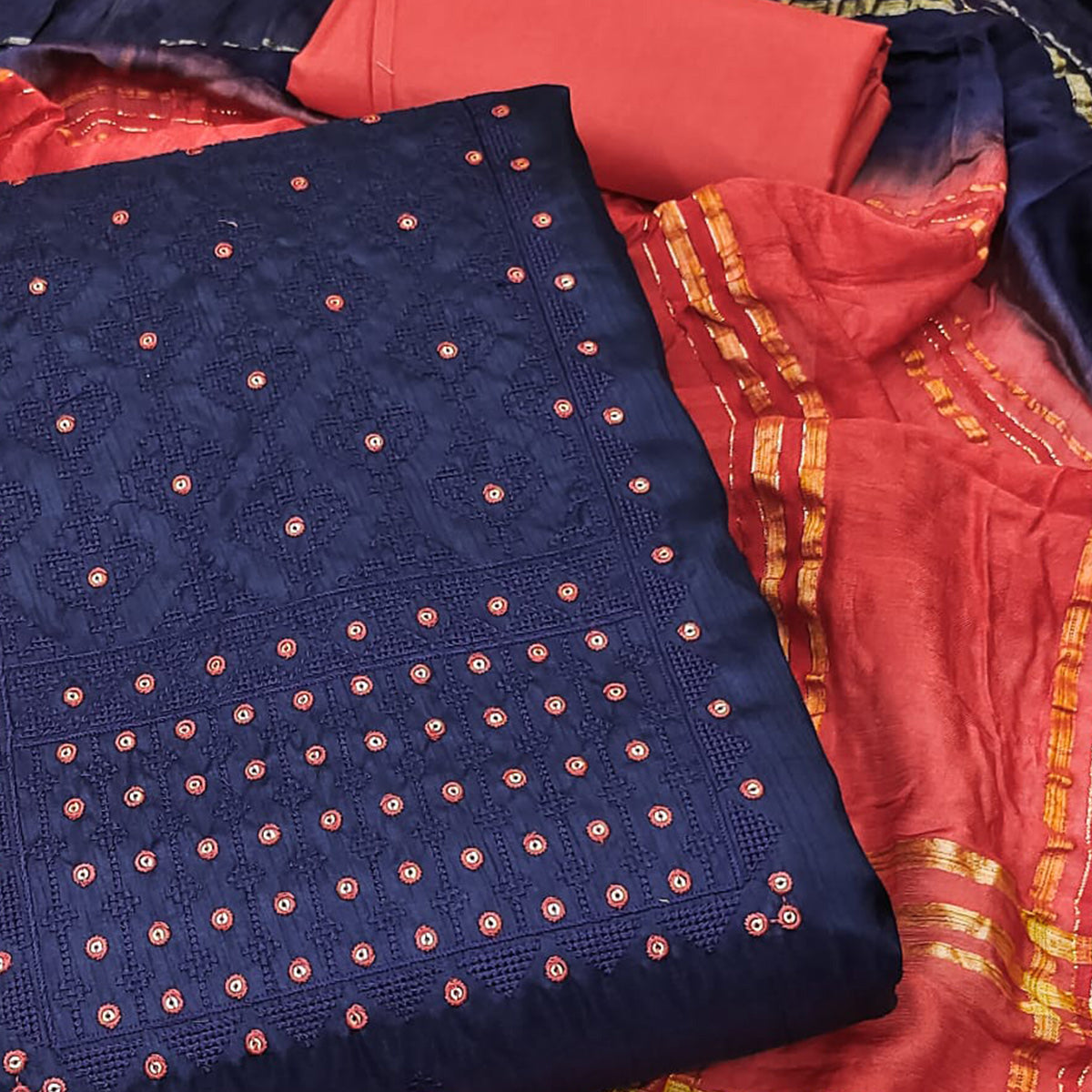 Navy Blue Sequins Embroidered Raw Silk Dress Material